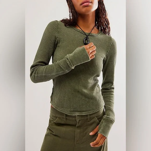 Free People We the Free Roll With It Thermal Long Sleeve Top in Moss Size Large - Picture 1 of 16